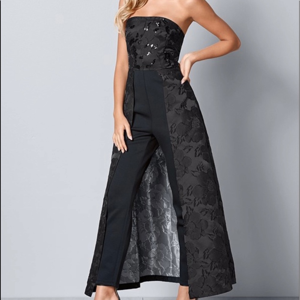 Black strapless jumpsuit with skirt